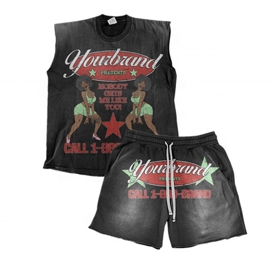 kaufen Unterstützung für personalisiertes Logo Sonne verblasste Säure Waschen Vintage Ärmellose T-Shirt und Shorts Set online manufacture