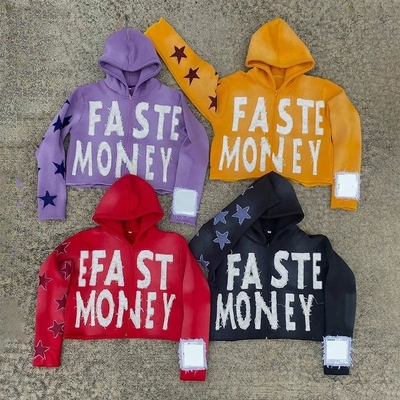 kaufen Braun blau schwarz verzweifelte Hoodie Männer Herbst Saison Stickerei Boxy Zip Up Hoodie online manufacture