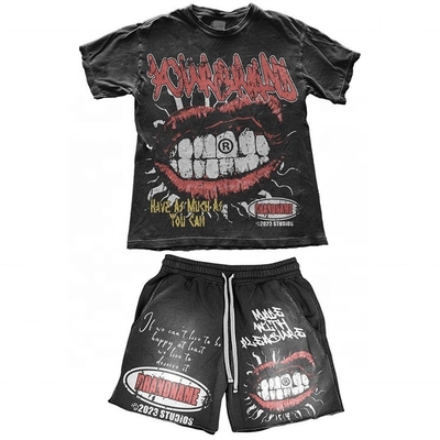 kaufen Schriftmuster Typ Custom Printed Logo Sonne verblasste Tees T-Shirt und Shorts Set für Männer online manufacture