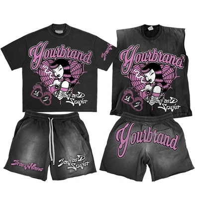 kaufen Custom Logo Säure Waschen Hoodies Schweiß Shorts Schwarz Crop Top und Ärmellos Tank Top Set online manufacture