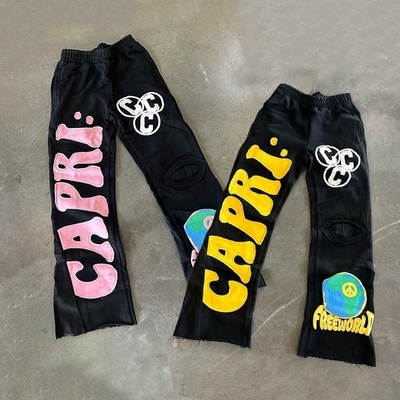 kaufen Patch Stickerei Französisch Terry Säure Waschen Roh Hem Streit Flared Sweatpants Regular Fit 100% Baumwolle online manufacture