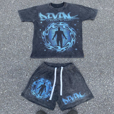 kaufen Straßenmode Vintage Zwei-Stücke-Jogger T-Shirt Stein Säure Wasch-Set für Männer online manufacture