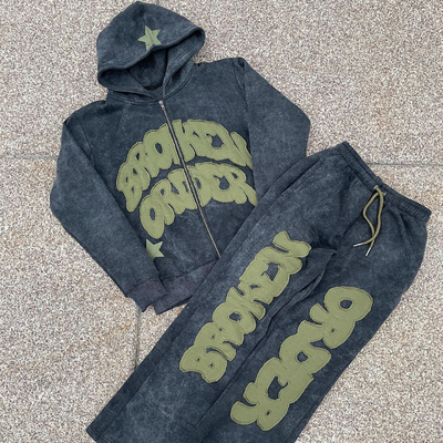 kaufen Vintage Distressed Patch Applique Stickerei Hoodie Set mit anpassbaren Farboptionen online manufacture