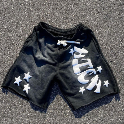 kaufen Männer Sonnenfade Säure Waschen Straßenunterwäsche Shorts mit Rohhem und Strass Puff Print online manufacture