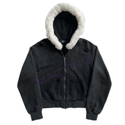 kaufen Solide Säure Waschen Sonne verblasst Bedrängte Custom Vollverschluss Hoodies Mantel mit Pelzhalsband online manufacture