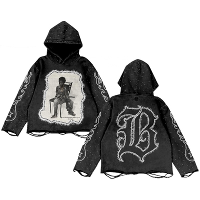 kaufen schwarzer Vintage Strass Hoodie Distressed Stickplatte 220 Gramm Schwergewichts Säure Waschen online manufacture