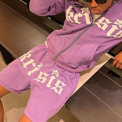 kaufen Coole farbenfrohe Trainingsanzüge Kampf Notgeschlagenen Stickereien Patchwork Hoodie Shorts Sets Französisch Terry 3D Puff Printing online manufacture