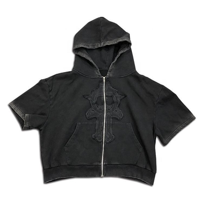 kaufen schwarze Vintage Leer T-Shirts Großhandel Antifalten Sommer Streetwear Hoodie Waschen Stickerei Patchwork online manufacture