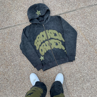 kaufen Custom übergroße Sonne verblasste Bedrängte Reißverschluss hoch gestickte Patch Hoodie Set online manufacture