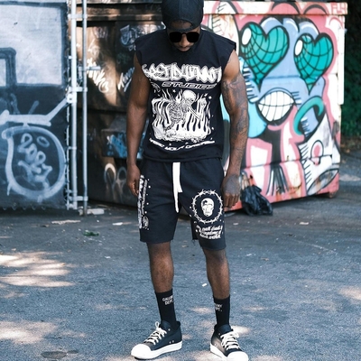 kaufen 2024 Sommer Joggen Säure Waschen Notgeschlagen Ärmellos Roh Hem 2 Stück T-Shirt Shorts Set online manufacture
