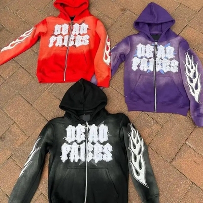 kaufen Stonewashed Männer Vintage Schnitt und Nähen Bedrängte Stickerei Patch Sonne verblasst Lila Reißverschluss bis Säure Waschen Hoodie online manufacture