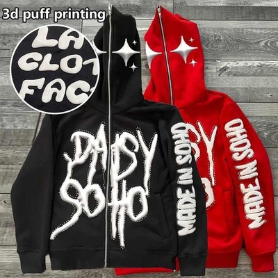kaufen Männer Puff Print Zip Up Hoodie Voll Gesicht Strass 3D Puff Druck für Streetwear Stil online manufacture