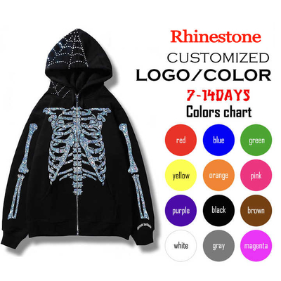kaufen Custom Design Full Zip Up Hoodie mit Doppelschicht Stickerei und Rhinestone Bling online manufacture