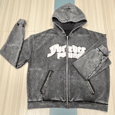 kaufen 500 Gsm Dicke Baumwolle Reißverschluss Taschen Pflaster Broderie Hoodie Männer gestreckt Custom Hoodies online manufacture