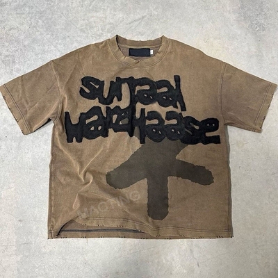 kaufen O-Neck Broderierte Patch Applique Gestrichte Tee Baumwolle Boxy geschnitten T-Shirt für Männer online manufacture