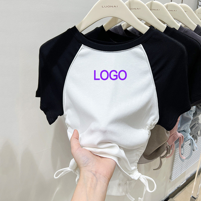 kaufen Custom Y2K Ribbed Baumwolle Kontrastfarbe Crop Top Krümmte Ziehseile Kurzärme Frauen online manufacture