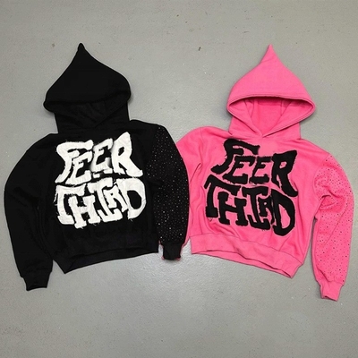 kaufen Baumwolle gestrickte Straßenbekleidung gestresst Patch-Arbeit geschnitten schwarz rosa Strass Hoodie mit Strass online manufacture