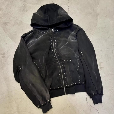 kaufen 500 Gramm schwarzer Strass-Zip-Up-Hoodie-Männer übergroßes Herbst-Hoodie-Sonnen-Fade-Säure-Wasch-Look online manufacture