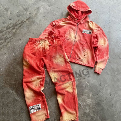 kaufen Vintage Sonnenfade Säure Wasch Tracksit Custom Strass Distressed Hoodie und Sweatpants Set online manufacture
