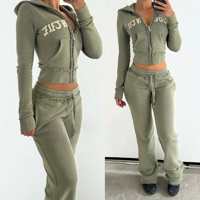 kaufen Custom Broderierte Säure Waschen Tracks für Frauen 100% Baumwolle Flared Sweatpants und Hoodie Set online manufacture