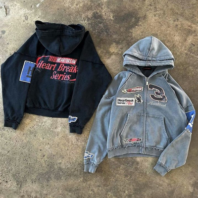 kaufen Custom Reversible Stitch Hoodie Applique Distressed Stickerei Stein Waschen Übergroße Doppelkapuze Zip Up Hoodie online manufacture