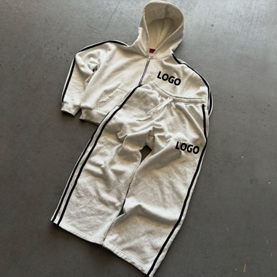 kaufen Schwerer Baumwoll-Seitenstreifen, geschnittener Boxy-Zip-Up-Hoodies und Baggy-Sweatpants online manufacture