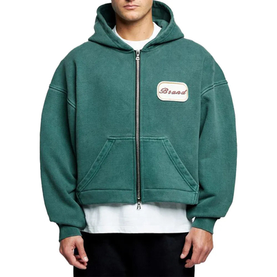 kaufen Custom Logo Patch Applique Stickerei Schwergewicht 600 gsm Hoodie Baggy Boxy Cropped Säure Waschen Doppel Reißverschluss Hoodie online manufacture