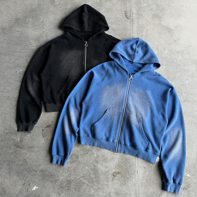 kaufen Custom 400gm Schwergewichts Leergroß Boxy Fit Zip Up Vintage Sonne verblasst Säure Waschen Waffel Hoodie für Männer online manufacture
