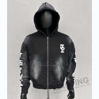 kaufen Custom Logo Übergroße Boxy Fit Schnitt Zip Up Hoodies Schwergewichts Vintage Waschen Distressed Stickerei Hoodie online manufacture