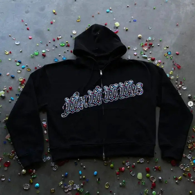 kaufen Custom Männer 100% Baumwolle Schwergewichts Stickerei Distressed Acid Wash Boxy geschnittener Reißverschluss Up Strass Hoodies für Männer online manufacture