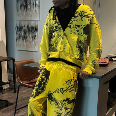 kaufen Custom Männer Sweatsuits Tracksuits überall Graffiti Druck Vintage Säure Waschen Reißverschluss Hoodies und Schweiß Hosen Set online manufacture