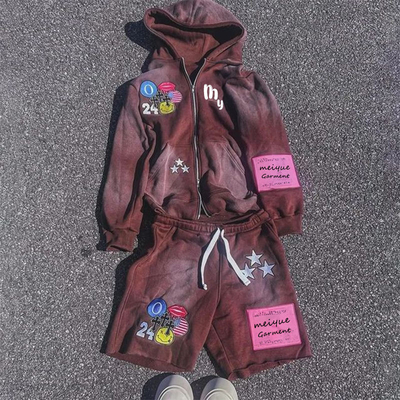 kaufen Übergroße Baumwollshorts und Hoodie-Set für Männer Farbenfrohe benutzerdefinierte Bildschirmdrucke Stickwesten online manufacture