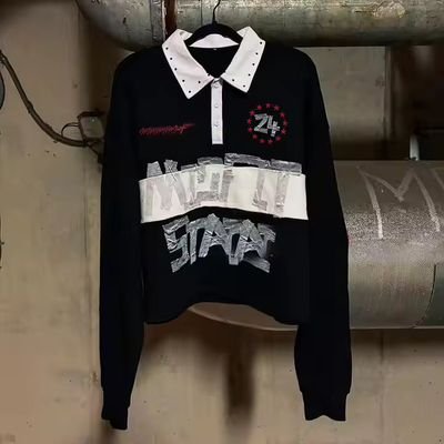 kaufen Custom 2025 Streetwear gestreifter Knopf-Halsband übergroßer Strass Dtg Druck Langärme Rugby Polo Shirts für Männer online manufacture