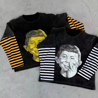 kaufen Doppelschicht-T-Shirt mit langem Ärmel für Männer Custom Acid Wash 350gm Schwergewichts-Grafik-T-Shirt mit Streifendruck online manufacture