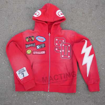 kaufen Custom Hoodie Hersteller Männer Straßenbekleidung Vintage Säure Waschen Bedrängte Stickerei Applique Patchwork Säure Waschen Hoodie online manufacture