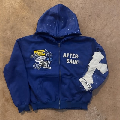 kaufen Custom Herbst Winter Distressed Stickerei Strass Schwergewicht 500 Gsm French Terry Boxy Oversized Reißverschluss Hoodie online manufacture