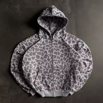 kaufen Custom Design Reißverschluss Plus Größe Boxy-Crop Leopard Druck Reißverschluss Vintage Baumwolle Terry Säure Waschen Straßenbekleidung Hoodies für Männer online manufacture