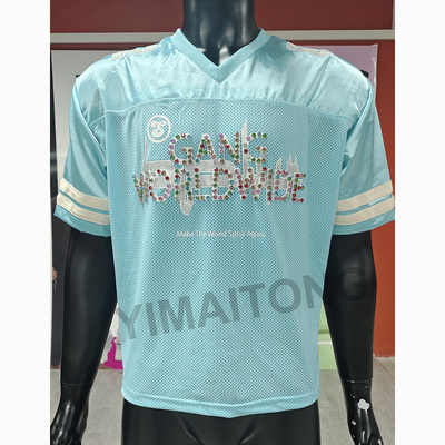 kaufen Custom Streetwear Männer Boxy Cropped Rivet Strass Satin Mesh T-Shirt amerikanische Retro Atmung Sport Fußball Jersey online manufacture