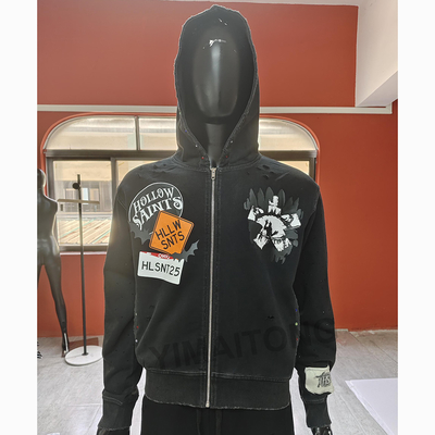 kaufen Custom Stickerei Patchwork Reißverschluss Hoodies Schwergewichts Baumwolle Straßenbekleidung Vintage Säure Waschen Reißverschluss Hoodie Männer online manufacture