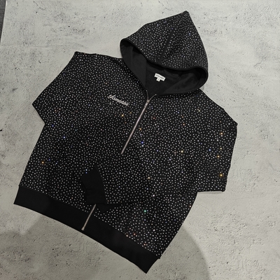 kaufen 2025 Custom Big Hood Zipper Hoodie Jacket 100% Baumwolle Französisch Terry All Over Print Strass Zip UpHoodie für Männer online manufacture