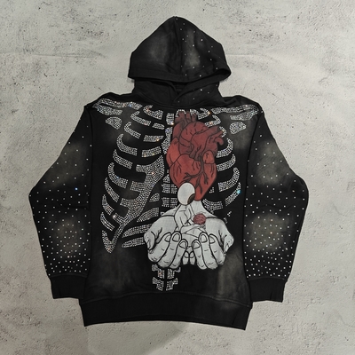 kaufen Hoodies Individuell Hochwertige Streetwear Skelett Schädel Grafik Pullover Vintage Säuregewaschen Sonnenverblasst Strass Hoodie Herren online manufacture