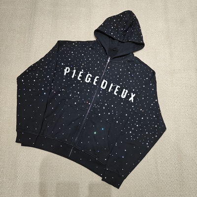 kaufen Individueller French Terry 100% schwere Baumwolle Reißverschluss Distressed Stickerei Applikation Reißverschluss Herren Kapuzenpullover mit Strass online manufacture