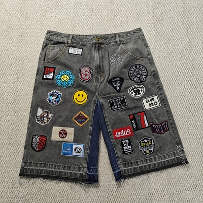 kaufen Custom Stickerei Patches Logo Baggy Jorts Straßenbekleidung Hochwertige Roh Hem Vintage Denim Jeans Shorts für Männer online manufacture