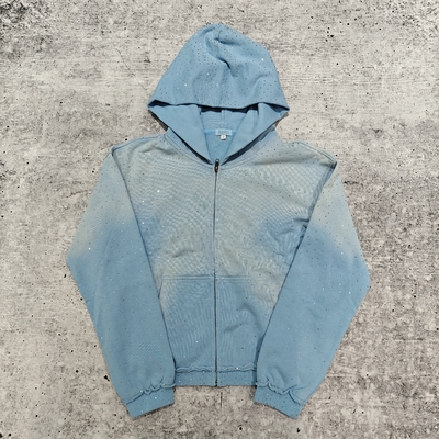 kaufen Individueller 2025 Streetwear Schwergewicht Rhinestone Hoodie Unisex Blank Vintage Sonnenverblasster Säuregewaschener Reißverschluss Oversized Hoodies online manufacture