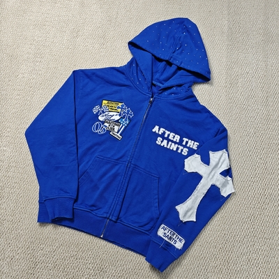 kaufen Straßenmode für Männer Schwergewicht 420 gsm Bedrängte Stickerei Baumwolle Französisch Terry Strass Hood Zip Up Hoodie online manufacture