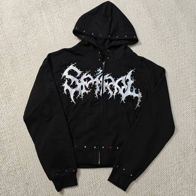 kaufen Custom Distressed Embroidery Boxy Cropped Zipper Streetwear 400 gsm 600gsm Men Zip up Heavyweight Rhinestone Hoodie online manufacture
