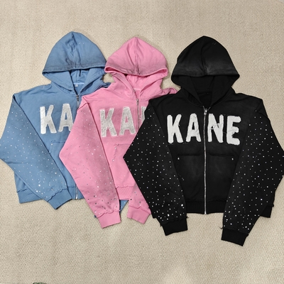 kaufen Custom 2025 New Dirty Washed Mens hoodies Y2k Streetwear Vintage Distressed Applique Embroidery Rhinestone Zip up Hoodie online manufacture