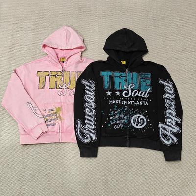 kaufen Custom DTG Screen Printing Boxy Heavyweight Zipper Jackets Cotton Distressed Rhinestone Zip up Men Hoodie online manufacture