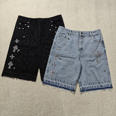 kaufen Clothing Manufacturers Custom Streetwear Rhinestone Vintage Black Jeans Shorts Rhinestone Denim Shorts Jorts for Men online manufacture