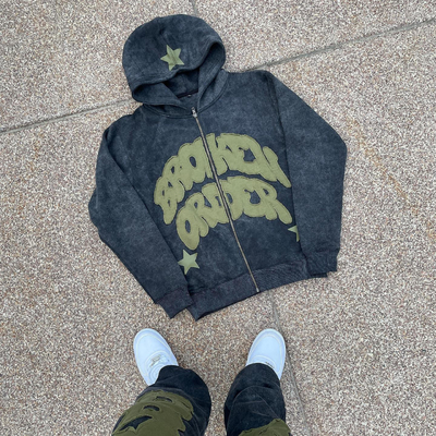 Straßenmode Schwergewichts-Baumwolle Vintage Distressed Patch Applique Stick-Tracksuit